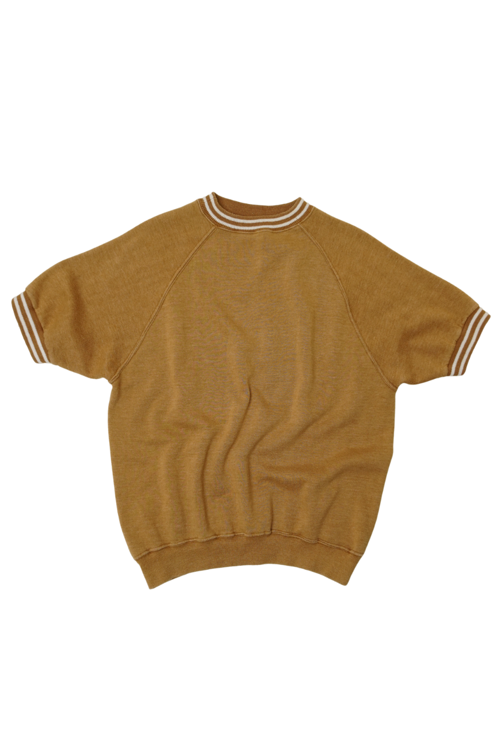 A short-sleeve knit sweater in a warm camel brown color, featuring cream-colored stripes on the collar and sleeve cuffs, laid flat against a white background.