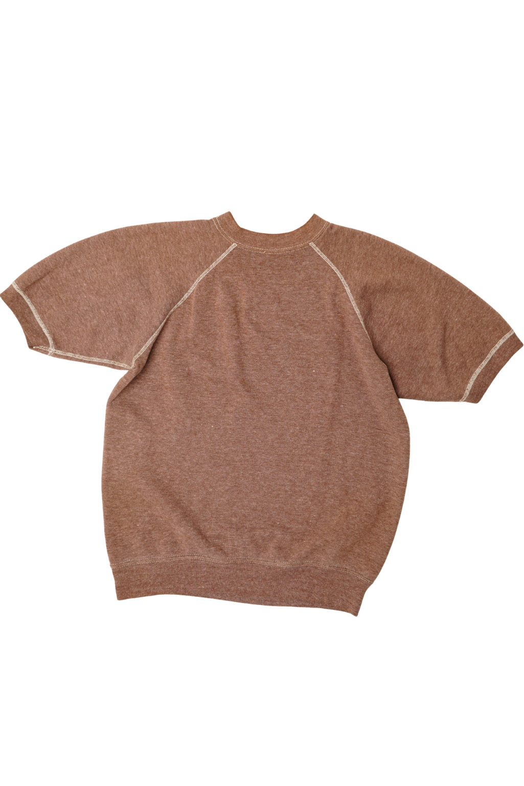 A short-sleeve knit sweater in a heathered warm brown or taupe color, featuring light beige contrast stitching along the raglan seams and sleeve cuffs, laid flat against a white background.