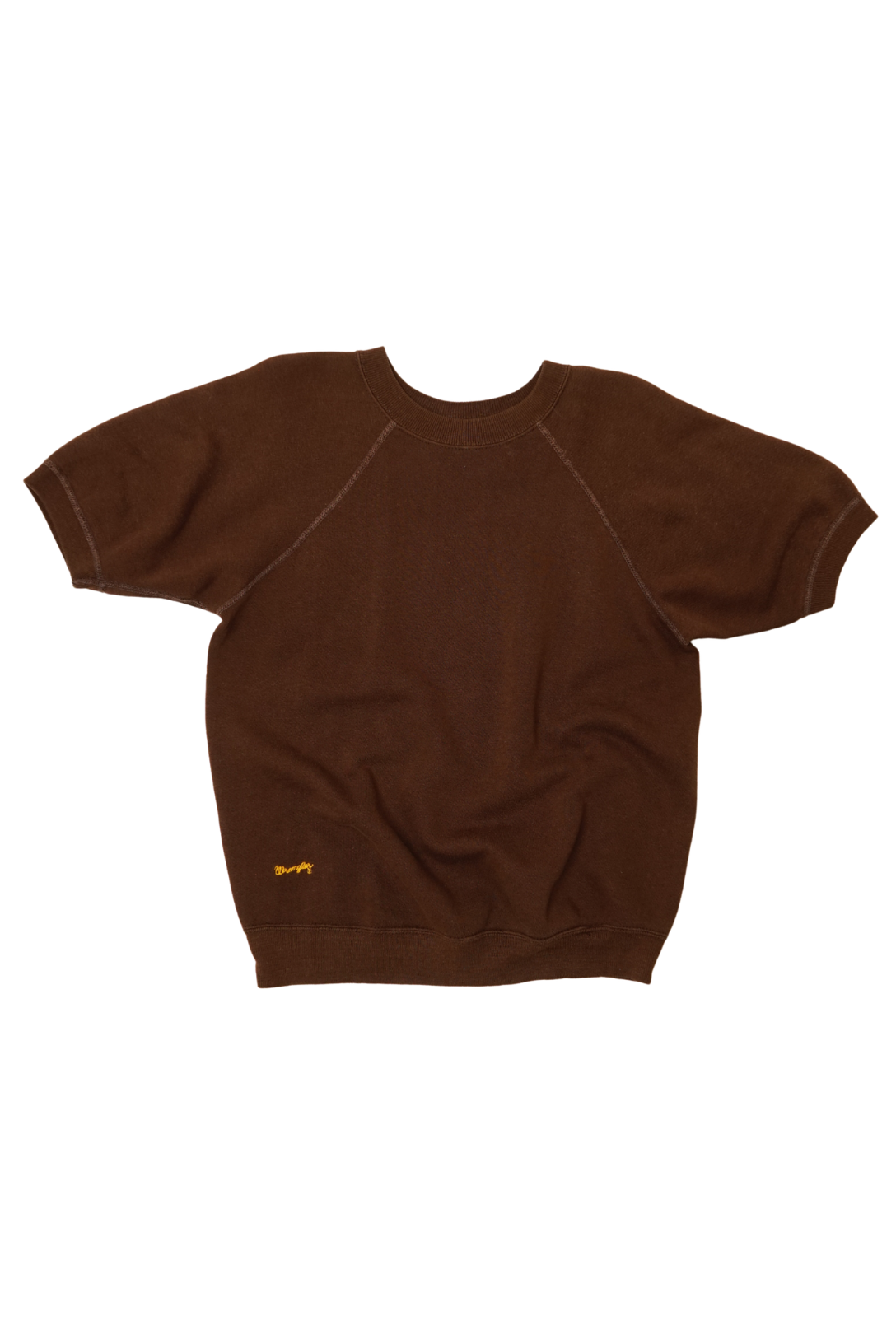 A brown short-sleeve crewneck sweatshirt with raglan sleeves, laid flat against a white background. A small yellow embroidered logo is visible near the bottom left hem.