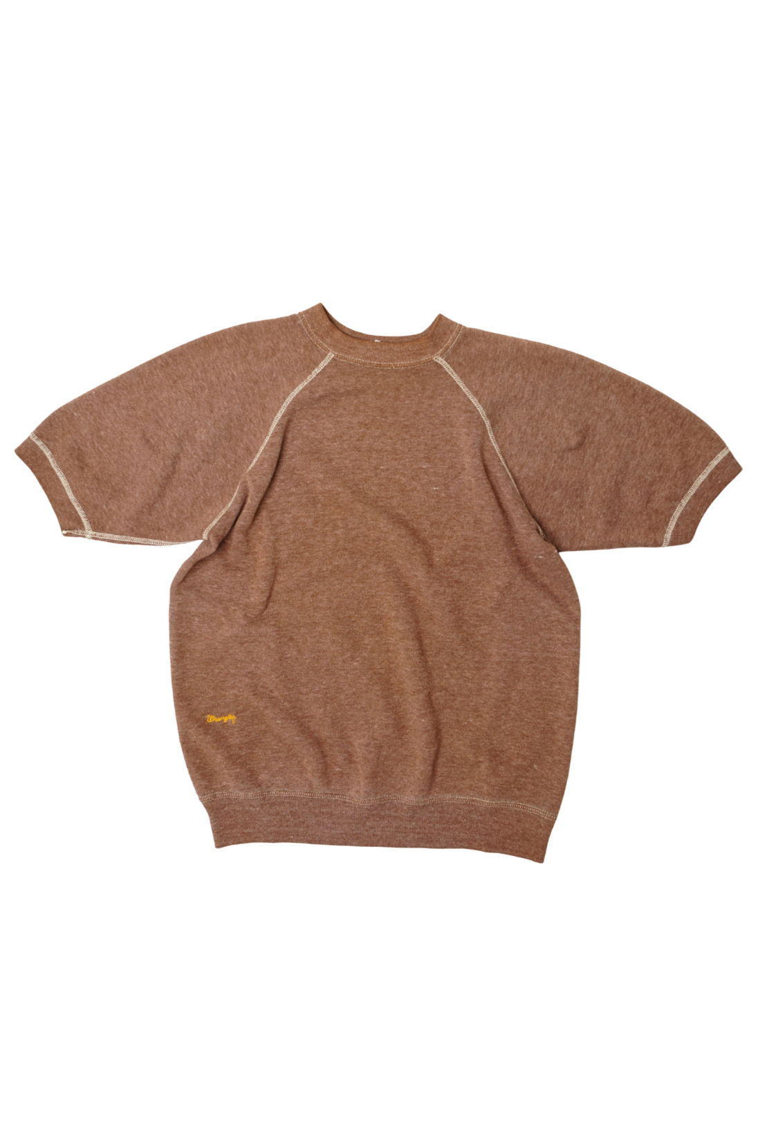 A brown knit short-sleeve sweater with light beige contrast stitching along the raglan seams and cuffs, laid flat on a white background.
